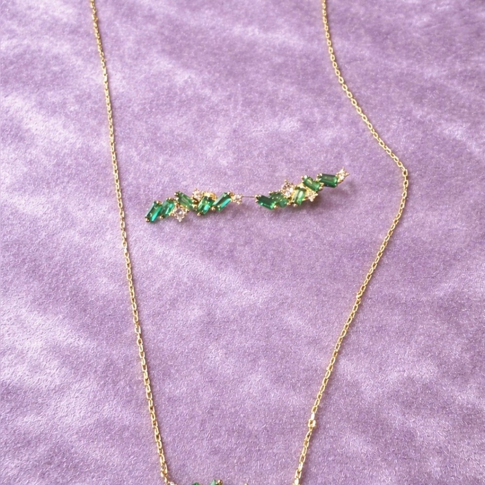 Adina Eden Emerald Green CZ Baguette Earrings & Necklace Combo Set. Goldtone.